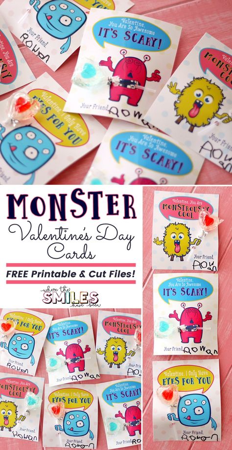 Monster Valentine's Day Cards + FREE Printable & Cut Files! Where The Smiles Have Been #ValentinesDay #monster #freecutfile #Silhouette #Cricut Monster Valentine, Monster Valentines, Valentine's Crafts, Coloring Activities, Printable Valentines Day Cards, Valentine Coloring Pages, Free Silhouette, Valentine Coloring, Valentines Greetings