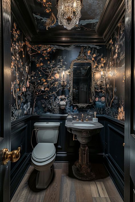 Black Ceiling Powder Room, Two Tone Powder Room, Woodland Living, Dramatic Powder Room, Small Powder Bathroom Ideas, Moody Powder Room, Powder Bathroom Ideas, Dining Room Drapes, Black Powder Room