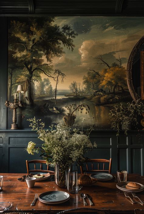 Dark Minimalist Dining Room, Ile De France, Dark Floral Dining Room, Modern Victorian Dining Room, Victorian Dining Room, Moody Dining Room, French Living Room Decor, Dining Room Murals, Parisian Bathroom