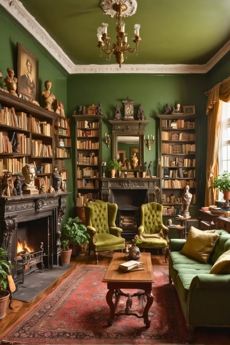 25 Dark Academia Living Room Ideas That Will Make Your Home Irresistibly Cozy – The Crafty Hacks Living Room Dark Academia Aesthetic, Green Academia Interior, Dark Academia Home Inspiration, Green Study Room Ideas, Apartment Decorating Academia, Dark Academia Reading Corner, Dark Academia Ikea, Cottage Core Meets Dark Academia, Cozy Academia Living Room