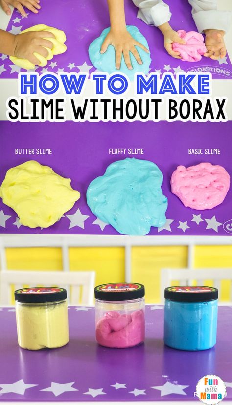 See how to make slime without borax for kids via @funwithmama Slime Recipes Without Contact Solution, Shaving Cream Slime Without Borax Recipe, Diy Slime Without Contact Solution, Shaving Cream Slime No Contact Solution, Butter Slime Recipe Without Borax Easy, Slime Recipe Easy No Contact Solution, How To Make Slime With Contact Solution, Borax Slime Recipe Easy, How To Make Slime Without Contact Solution