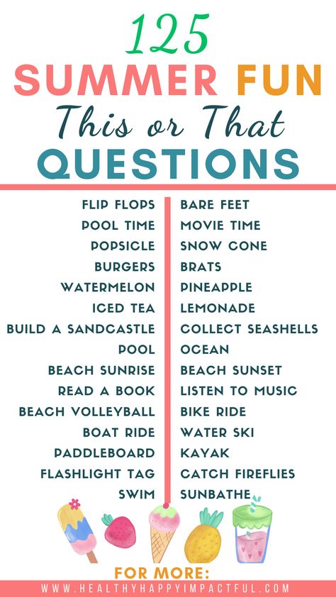 Free PDF Printable! 124 Summer Fun THIS OR THAT QUESTIONS This That Questions, This Or That Printable, Interesting Activities For Kids, Indoor Ideas For Kids, Summer Camp Ice Breakers For Kids, This Or That Summer Edition, This Or That Questions For Kids, Pool Party Activities For Kids, Fun This Or That Questions
