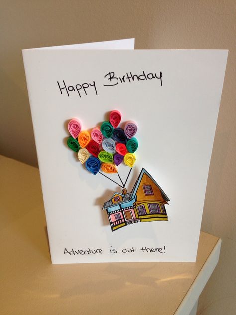 Quilled Happy Birthday card - Inspired by Pixar's movie Up. Created by ZenMinx Designs Birthday Cards Quilling, Diy Disney Birthday Card, Disney Birthday Cards Diy, Disney Cards Handmade, Quilling Happy Birthday, Disney Birthday Cards, Disney Quilling, Disney Birthday Card, Disney Graduation Cap