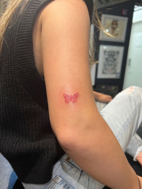 Red Ink Tattoo Ideas Arm, Cute Small Red Tattoos, Angel Red Tattoo, 11:11 Red Tattoo, Red Tiny Tattoos For Women, Colorful Fine Line Tattoo, Red Inner Arm Tattoo, Faded Red Tattoo, Red Quote Tattoo