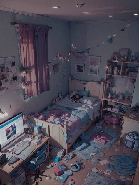 Anime Bedroom Ideas Drawing, Bedroom Reference Photo, Anime Bedroom Art, Room Illust, Siblings Room, Cluttered Room, Anime Bedroom Ideas, Sibling Room, Messy Room