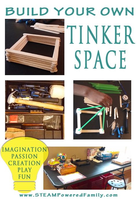 Build Your Own Tinker Space And Ignite Creativity, Passion, Imagination, Play And Fun! Montessori, Tinkering Table, Tinkering Station, Tinker Space, Tinker Table, Imagination Play, Steam Ideas, Maker Space, Homeschool Classroom
