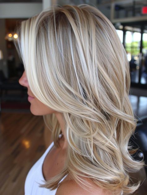 Balayage, Creamy Blond Balayage, Dark Blonde Light Blonde Highlights, Blonde Dimensional Highlights, Long Ash Blonde Hair With Layers, Platinum Blonde Highlights Medium Length, Blonde T Section Highlights, Platinum Blonde With Brown Highlights, Blonde Highlights Inspo Pics