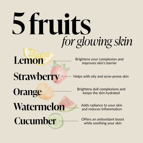 Snack your way to a healthy, glowing complexion! These five superfoods can help target everything from hydration, to  inflammation, and even acne! So before you reach for that 3pm chocolate, consider these healthy fruits instead.   Combined with a healthy skin care routine, a colourful diet full of fruits and veggies will give you the skin you've been dreaming of. Fruits For Glowing And Clear Skin, Healthier Body Healthier Skin, Fruits For Clear Skin, Foods Good For Acne Prone Skin, Fruits Diet Plan, Healthy Looking Skin, Fruits For Healthy Skin And Hair, Healthy Diet For Glowing Skin, Healthy Foods For Skin