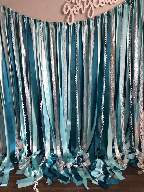 Teal Photo Backdrop, Teal Decorations, Teal Party Decorations, Photo Booth Backdrop Graduation, Fabric Streamers, Ariel Wedding, Teal Party, Streamer Backdrop, Teal Decor