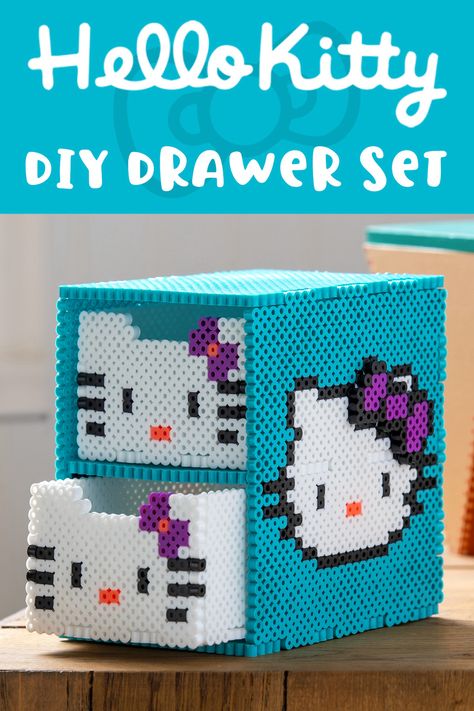 Learn how to make a Hello Kitty organizer using simple supplies! Kids will love this easy perler bead project they can use in their room. Bayern, Perler Bead Desk Decor, Mini Hello Kitty Perler Beads, Peeler Bead Storage, Hello Kitty Perler Beads Pattern 3d, Perler Box Pattern, Perler Organization, Perler Bead Drawers, Hello Kitty Pearl Beads