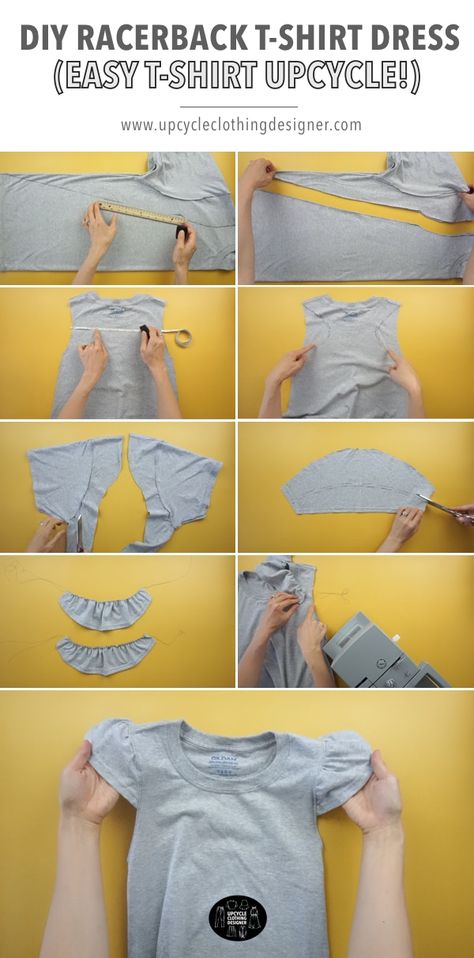 Step-by-step instructions to make a DIY racerback t-shirt dress from a tee. The sewing tutorial demonstrates the exact steps to complete the cute racerback dress design. Couture, T Shirt Sewing Ideas, Shirt Upcycle Diy, Shirt Dress Diy, Dress Upcycle, Easy Diy Fashion, T Shirt Upcycle, Make A Dress, Diy Fashion Projects