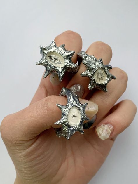 Fairycore Ring, Chunky Silver Jewelry, Silver Clay Ring, Silver Clay Jewelry, Liquid Ring, Hard Jewelry, Polymer Clay Rings, Grunge Ring, Epoxy Ring