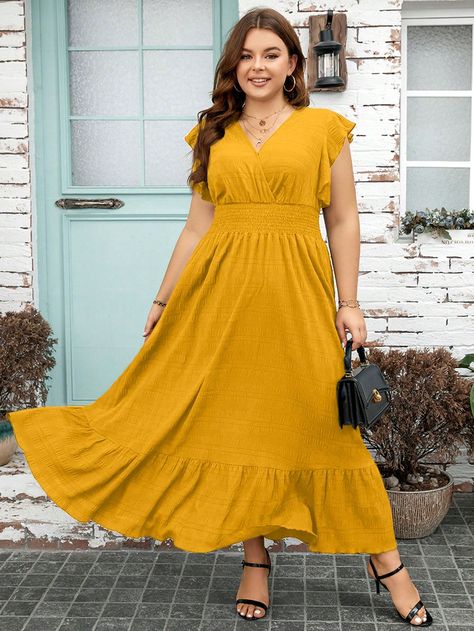 Yellow Casual Collar Short Sleeve Woven Fabric Plain A Line Embellished Slight Stretch  Women Plus Clothing Fall Yellow Dress, Empire Waist Dress Casual, Yellow Dress Casual, Plus Size Women Summer, Apple Dress, Empire Waist Dress, Yellow Dress, Plus Clothing, Ruffle Hem