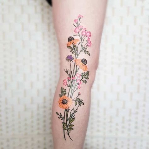 Washington Wildflowers Tattoo, Wild Flower Field Tattoo, Wildflower Side Tattoo, Rose And Wildflower Tattoo, Wildflower Garden Tattoo, Colored Wildflower Tattoo, Floral Calf Tattoos For Women, Wildflower And Butterfly Tattoo, Wildflower Tattoo Leg