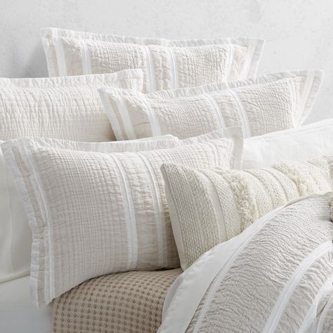 Crafted from exceptionally fine cotton-blend yarns, the Dune Pillow Sham adds relaxed versatility and effortless layering to your décor. Designed with a natural linen color palette which beautifully adorns the textured stripe fabric. Natural Linen Color Palette, Linen Color Palette, Striped Duvet, Striped Duvet Covers, Linen White, Linen Color, Comfortable Bedroom, Bedding Basics, Stripe Fabric