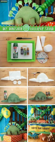 Dinosaur Lollipop Stand DIY Tutorial - use cake pops instead? Lollipop Stand Diy, Cake Pops Diy, Lollipop Stand, Diy Dinosaur, Dinosaur Party Decorations, Dinosaur Birthday Party Decorations, Dinosaur Themed Birthday Party, Dino Birthday Party, Dinosaur Theme Party