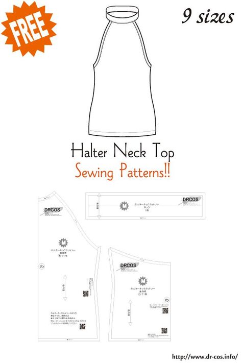 This is the pattern of Halter Neck Top. cm size(A4 size) Children's-140/Ladies'-S,M,L,LL/Men's-L,LL Added the number of fabric meters required for each size Free Sewing Pattern Halter Top, Clothing Design Patterns, Plus Size Halter Top Pattern, Halter Neck Dress Pattern Sewing, High Neck Tank Top Sewing Pattern, Halter Dress Sewing Pattern Free, Simple Halter Top Sewing Pattern, Halter Dress Pattern Sewing, Top Template Sewing