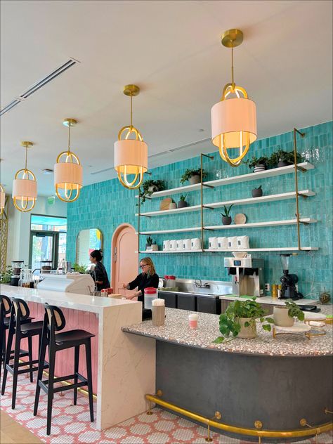 cafe, coffee shop, vibes, aesthetic coffee, bright Ocean Coffee Shop, Bright Cafe Aesthetic, Colourful Coffee Shop, Colorful Cafe Interior, Groovy Coffee Shop, Preppy Coffee Shop, Cafe Barista Aesthetic, Preppy Cafe, Bright Coffee Shop