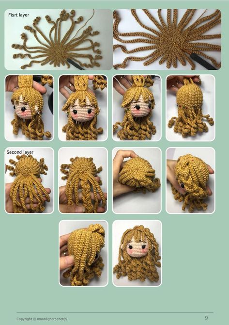 lilly doll crochet pattern Curly Hair Crochet Doll, Crochet Hair For Amigurumi Doll, Amigurumi Hair Pattern, Crochet Dolls Hair, Amigurumi Doll Hair Free Pattern, Crochet Doll Hair Pattern Free, Crochet Hair Tutorial, Amigurumi Hair Tutorial, Amigurumi Doll Hair