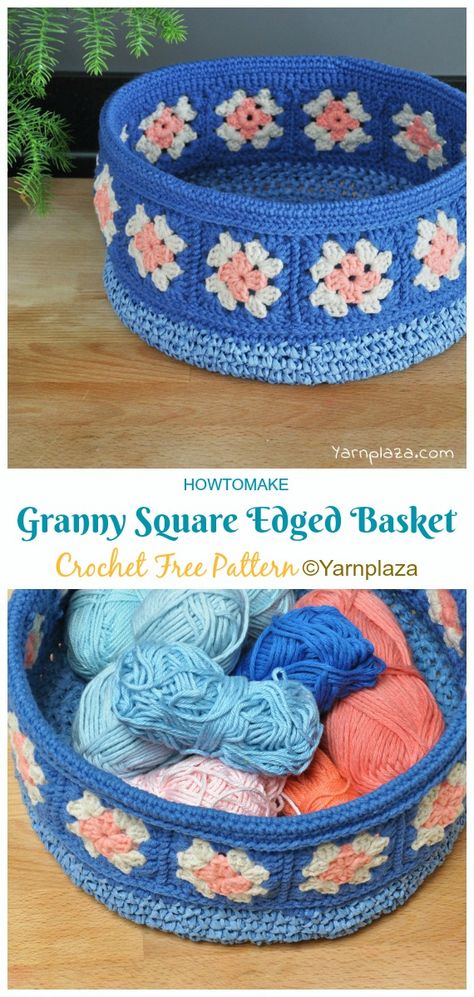 Granny Square Edged Basket Crochet Free Patterns - Crochet & Knitting Amigurumi Patterns, Crochet Free Patterns, Crochet Storage Baskets Free Pattern, Crochet Storage Baskets Free, Granny Square Häkelanleitung, Granny Square Haken, Square Basket, Crochet Storage Baskets, Crochet Bowl