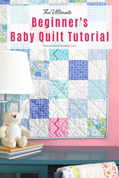 Learn to quilt with this DIY Ultimate Beginner's Baby Quilt Tutorial. This is an ultimate guide teaching how to use a charm pack to make a baby quilt. The tutorial teaches you everything you need to know about using a charm pack to make a quilt. Patchwork, How To Make A Baby Quilt, Diy Baby Quilt For Beginners, Free Baby Quilt Patterns Printables, Easy Baby Quilts For Beginners, Easy Baby Quilt Patterns Free, Charm Pack Quilt Patterns Free, Baby Quilts Patterns Free, Beginner Baby Quilt