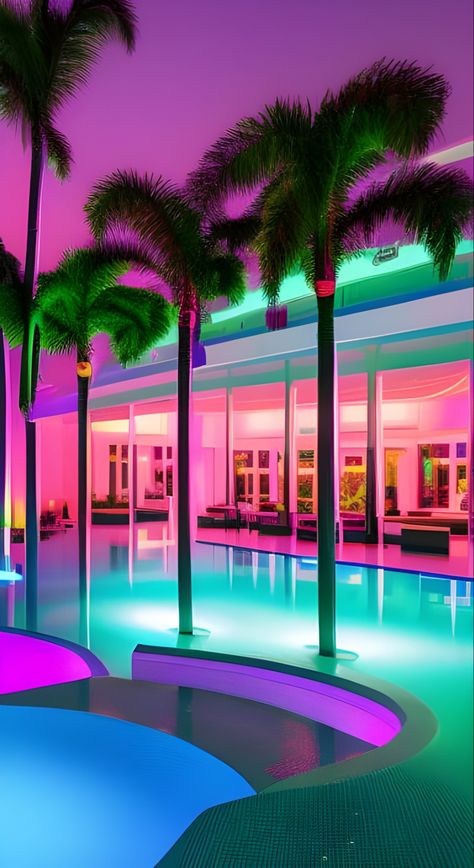 A colorful neon wallpaper of a vaporwave aesthetic neon Miami club with palm trees Neon Sunset Aesthetic, Miami Vice Aesthetic Interior, Retro Miami Aesthetic, Miami 90s Aesthetic, Miami Club Aesthetic, 80s Club Aesthetic, Miami Vibes Aesthetic, Neon Vibes Aesthetic, Miami Aesthetic Wallpaper