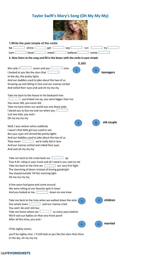 Taylor Swift:Mary's song - Interactive worksheet Taylor Swift Worksheet, Song Worksheet, Twilight Soundtrack, Taylor Swift Quiz, Mary's Song, Regular And Irregular Verbs, Quiz Questions And Answers, All About Taylor Swift, English As A Second Language (esl)