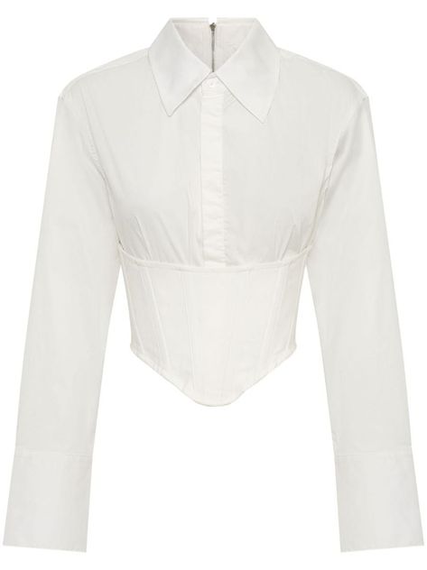 cropped corset-style shirt from DION LEE featuring white, cotton blend, corset style, classic collar, front button fastening, long sleeves, buttoned cuffs, curved hem and cropped. Long Sleeve Corset Top, Mesh Corset Top, Wool Cape Coat, Corset Shirt, Dion Lee, Corset Style, Cotton Tank Top, Leather Mini Skirts, Style Classic