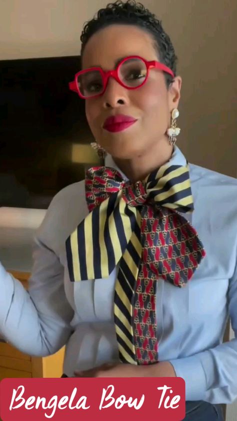 Bengela Holmes wows us with another great fashion statement using neckties. This one is a Bow Tie but Bengela style. How To Tie Bow On Shirt, Tie Looks For Women, Women Necktie Outfit, Neck Tie Outfits For Women, Tie Outfits For Women, Tie Women Outfit, Necktie Outfits For Women, Neck Tie Outfit, Necktie Outfit