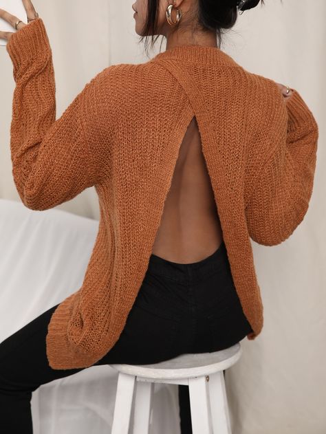 Split Back Backless Solid Sweater Backless Sweater Knitting Pattern, Backless Sweater, Open Back Sweater, Knit Top Patterns, Tie Sweater, Solid Sweaters, Drop Shoulder Sweaters, Orange Pattern, Boatneck Sweater