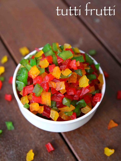 tutti frutti recipe | how to make tutti frutti | tutty fruity recipe Candied Fruit Recipes, Indian Delicacies, Fruit Salad Recipe, Fruity Cake, Candied Fruit, Cooking Hacks, New Fruit, Fruit Salad Recipes, Green Food Coloring