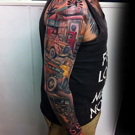 Mens Full Sleeves Knockout Hot Rod Tattoo Rockabilly Tattoo Sleeve, Rockabilly Tattoos, Hot Rod Tattoo, Rockabilly Tattoo, Mechanic Tattoo, Traditional Tattoo Sleeve, Theme Tattoo, Car Tattoos, 1 Tattoo