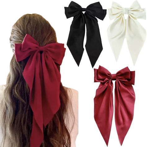 PRICES MAY VARY. ✅【 Hair Bows Premium】This hair bows fabric is made of preium silky satin, and the metal hair clip is made of strong steel, it will be attached on the back of hair sturdy and no-slip. It will make you more charming and elegant. 💖【Hair Bows for Women Design】In order to make the coquette bows looks more beautiful and cute, we design this ribbon hair bows as big bowknot with long tail ribbon, make you looks elegant and confident, it will become a good product in your hair accessori Ribbon Bows For Hair, Black Hair Ribbon, Bows For Hair, Hair Bows For Women, Bow Hairstyles, Ribbons Hair, Coquette Bows, Red Hair Bow, Big Hair Bows