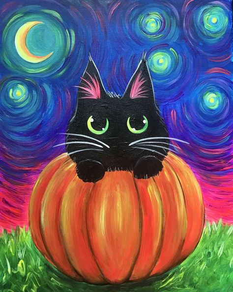 Halloween Canvas Art, Halloween Canvas Paintings, Van Gogh Pinturas, Halloween Art Projects, Fall Canvas Painting, Image Halloween, Chat Halloween, Fall Canvas, Halloween Canvas