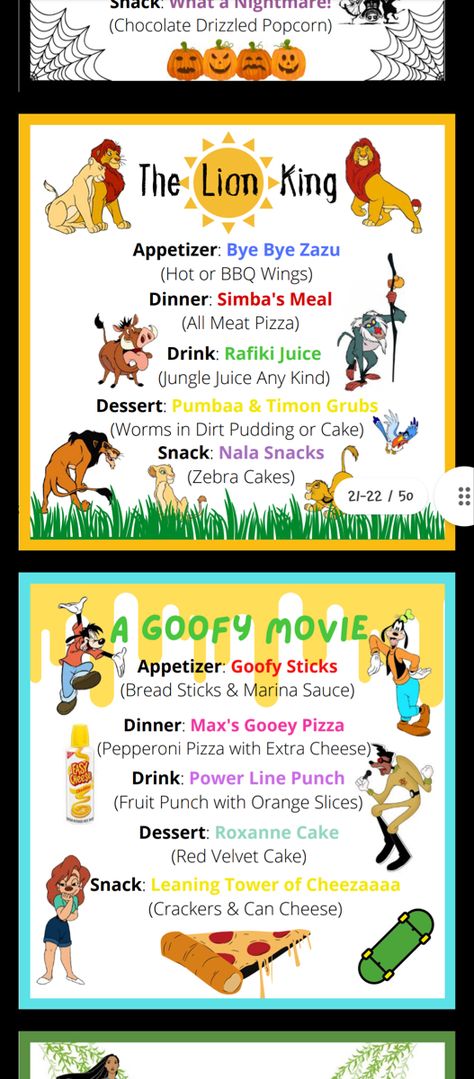 Essen, A Goofy Movie Themed Dinner, Cars Dinner And Movie Night, Disney Movie Night Menu A Goofy Movie, Lady And The Tramp Food Ideas, Goofy Movie Dinner And A Movie, Disney Themed Movie Night Snacks, Movie Night Ideas Disney, Holes Movie Night