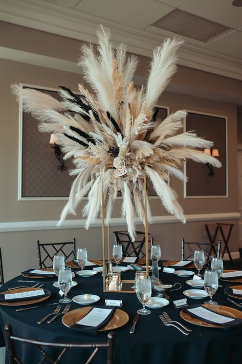 Hobo Centerpieces, Black And Copper Wedding Flowers, Neutrals And Black Wedding, Black Wedding With Pampas, Black White Champagne And Greenery Wedding, Pampas Grass Wedding Black, Black White Green Beige Wedding, Black White Pampas Wedding, Creme And Black Wedding