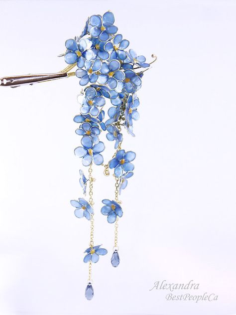 Forget-Me-Not Japanese Kanzashi | Japanese Kanzashi made fro… | Flickr Japanese Hairstyle, Sparkling Flowers, Japanese Kanzashi, Japanese Flower, Wire Flowers, Hair Stick, Fantasy Jewelry, Hair Sticks, Hair Ornaments