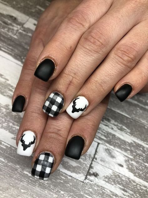 Cute Nails Acrylic Short Fall, Plaid Nail Art Christmas, Deer Nails Hunting, Christmas Nails Flannel, Country Christmas Nails Acrylic, Farm Nails Acrylic, Short Acrylic Nails Square Western, Christmas Plaid Nails Acrylic, Flannel Nail Design