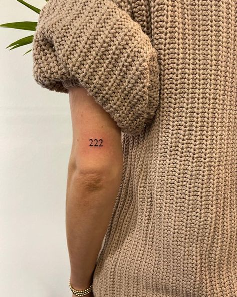 Numbers Above Elbow Tattoo, 222 Elbow Tattoo, Places To Get Number Tattoos, 444 Tattoo Above Elbow, 222 Small Tattoo, 222 Tattoo Placement Ideas, Meanings Behind Tattoos, 222 Forearm Tattoo, 222 Tattoo Fine Line