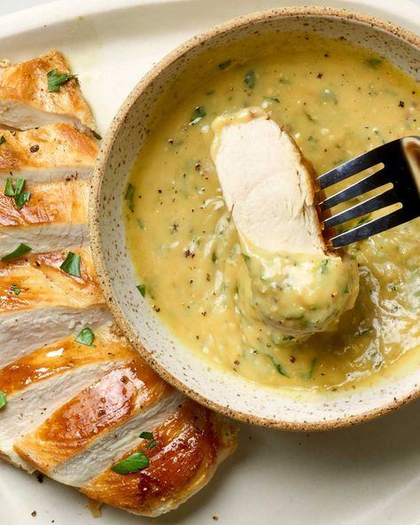 overhead shot of chicken breast on a plate with caesar butter in a bowl on the plate Chicken Parmasan, Recipes Soups, Beef Dinners, Seafood Entrees, Butter Sauce, Liquid Gold, Butter Recipe, Sauce Recipes, Easy Desserts