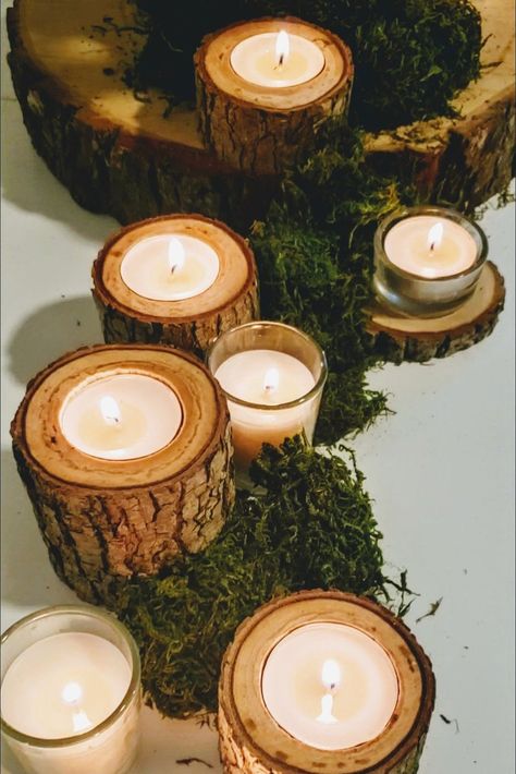 Centerpiece Lights, Log Candle Centerpiece, Rustic Wedding Decor Centerpieces, Enchanted Forest Prom, Mushroom Light, Log Candle Holders, Twilight Wedding, Centerpiece Candle, Forest Theme Wedding