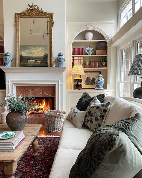 Nancy Meyers Inspired Living Room, Grand Millennial Fireplace, Cottage House Living Room, Adding Color To Your Home, Traditional Boho Living Room, Bright Living Room Ideas, Red Accents Living Room, Bowl Of Apples, Home With Character