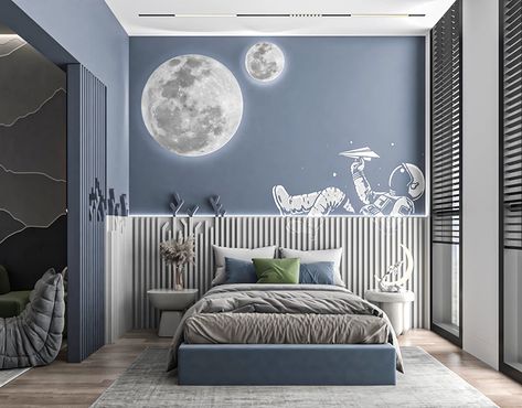 Baby Boy Room Paint Ideas, Children's Room Interior Design, Boy Bedroom Ideas Kids, Boy Bedroom Wall Ideas, Boys Bed Ideas, Kids Bedroom Designs Boys, Boys Space Bedroom Ideas, Boys Room Space Theme, Kids Bedroom Wall Painting Ideas