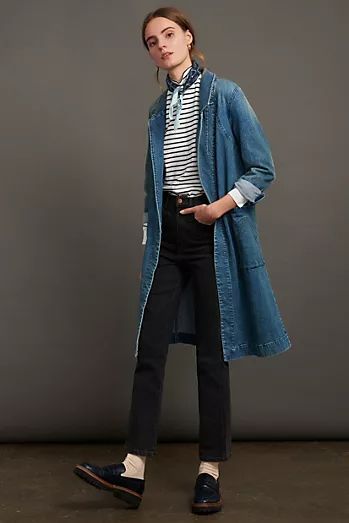 Petite Clothing for Women | Anthropologie Jean Duster Outfits, Long Denim Duster Outfit, Denim Duster Outfits, Long Duster Outfit, Long Denim Jacket Outfit, Basketball Mom Outfit, Denim Duster Coat, Duster Outfit, Long Denim Shirt