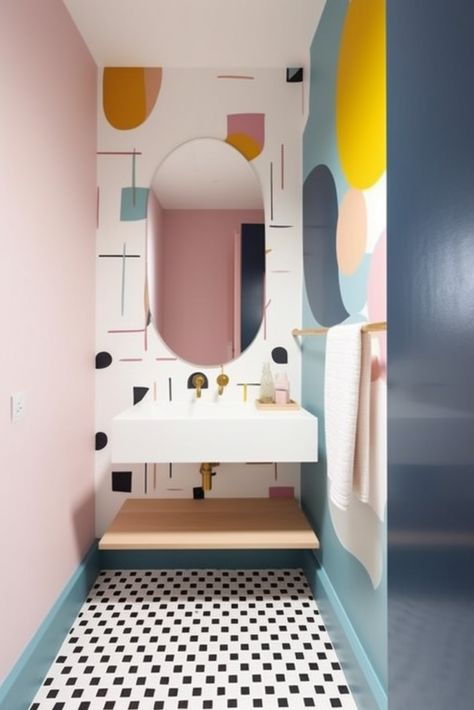 Tub Ideas Bathroom, Pastel Bathroom Ideas, Quirky Bathroom Ideas, Bathroom Tub Ideas, Funky Bathroom Ideas, Colourful Bathroom Ideas, Pastel Bathroom, Light Fixtures Bathroom, Bathroom Vanity Light Fixtures