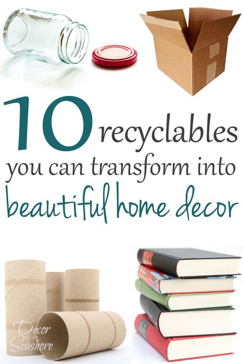 Did you know you can turn everyday household recyclables into beautiful home decor? You would have never guessed that these projects started in the recycling bin! Check out these 10 items you should always save for your craft stash and the easy DIY home d Functional Recycled Projects, Make It Yourself Home Decor Craft Ideas, Upcycle Crafts Household Items, Reuse Diy Ideas, Recycle Items, Upcycled Decor, Interior Materials, Recycling Crafts, Craft Stash