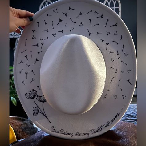 Custom Drawn Felt Hat Felt Hat Accessories, Felt Hat Burning Designs, Bumble Dating, Burned Hats, Hat Business, Cowboy Hat Design, Hat Burning, Custom Cowboy Hats, Hat Decor