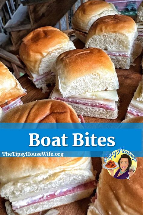 The photo shows little sandwiches made with Hawaiian Dinner roles, cold cuts, cheese and your choice of toppings. The brightly colored banner displays the name of the recipe, "Boat Bites." Easy Hawaiian Roll Sandwiches, Sliders For A Crowd Cold, Make Ahead Slider Sandwiches, Ham Sandwich Sliders, Potluck Sandwiches Cold, Cold Ham Sliders, Boat Day Sandwiches, Turkey And Cheese Sliders Hawaiian Rolls Party Sandwiches, Mini Hawaiian Roll Sandwiches