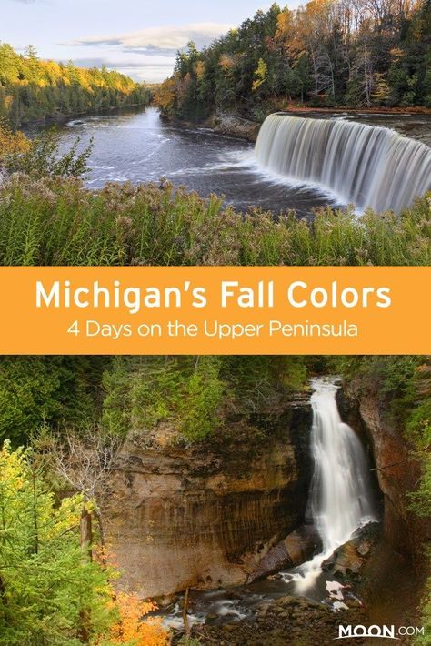 Michigan Fall Color Tour: Enjoy Michigan fall colors on the Upper Peninsula with a four-day itinerary that includes waterfalls and the crystal blue water of Lake Michigan. #michigan #midwest #greatlakes #fall Pictured Rocks Michigan, Hiawatha National Forest, Crystal Blue Water, Fall Foliage Road Trips, Michigan Fall, Upper Peninsula Michigan, Pictured Rocks National Lakeshore, Michigan Road Trip, Michigan Travel