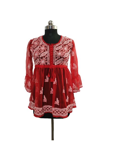 Short Kurti Top, Short Kurta For Women, Chikankari Top, Flare Pattern, Chikan Embroidery, Red Kurti, Elegant Style Dress, Kurti Top, Kurta Top